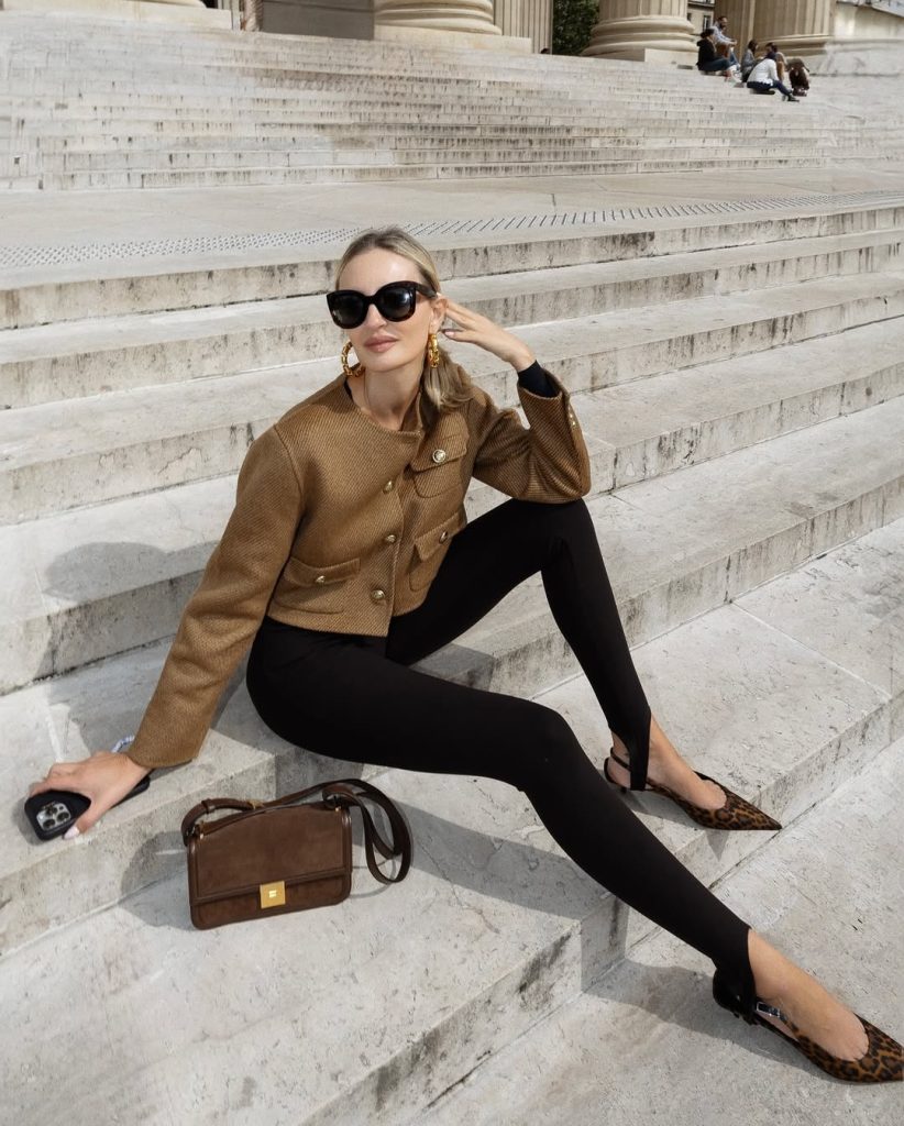 Tan Textured Jacket + Black Stirrup Leggings + Leopard Print Flats