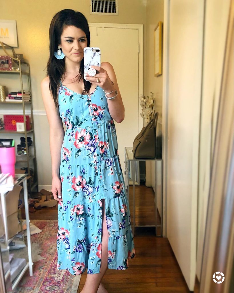 Blue Floral Tiered Maxi Dress + Blue Drop Earrings