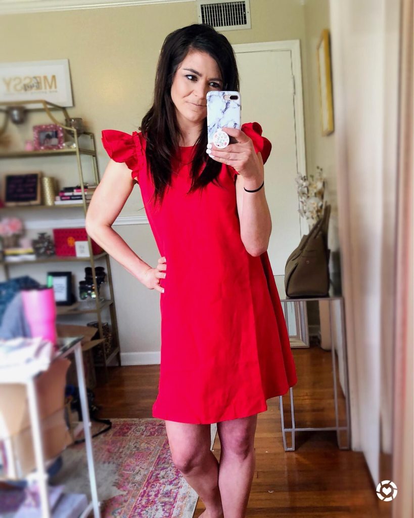 Red Ruffle-Sleeve Mini Dress + White Marble Phone Case