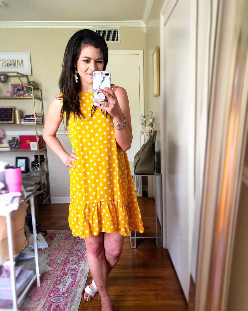 Yellow Polka Dot Shift Dress + White Slide Sandals