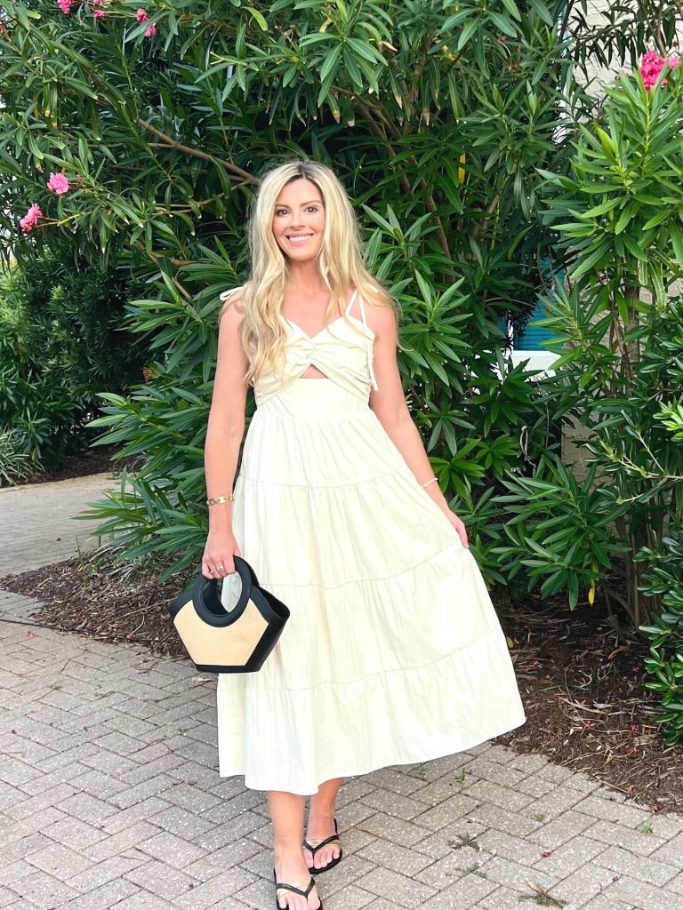 Cream Tiered Midi Dress + Black Straw Handbag
