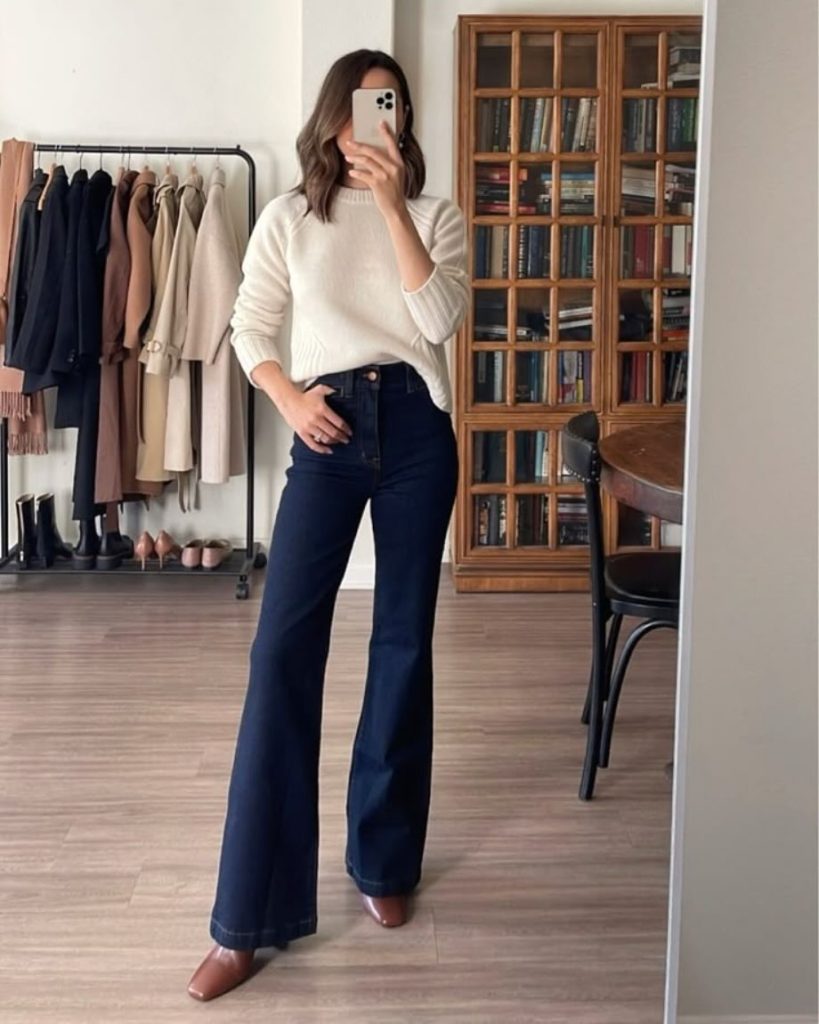 White Graphic Tee + Black Bell-Bottom Pants