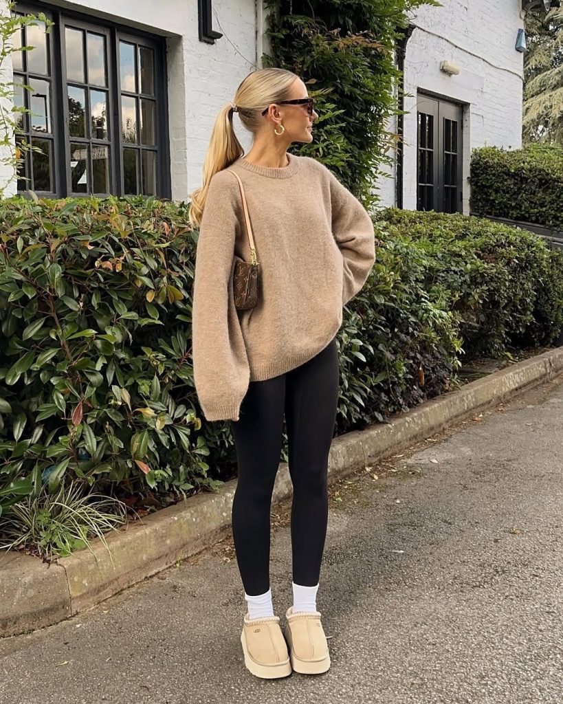 Brown Teddy Fleece + Cream Leggings + White Sneakers