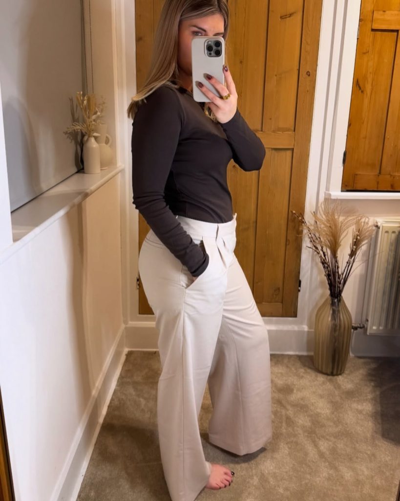 Chocolate Long Sleeve Top + Off-White Trousers