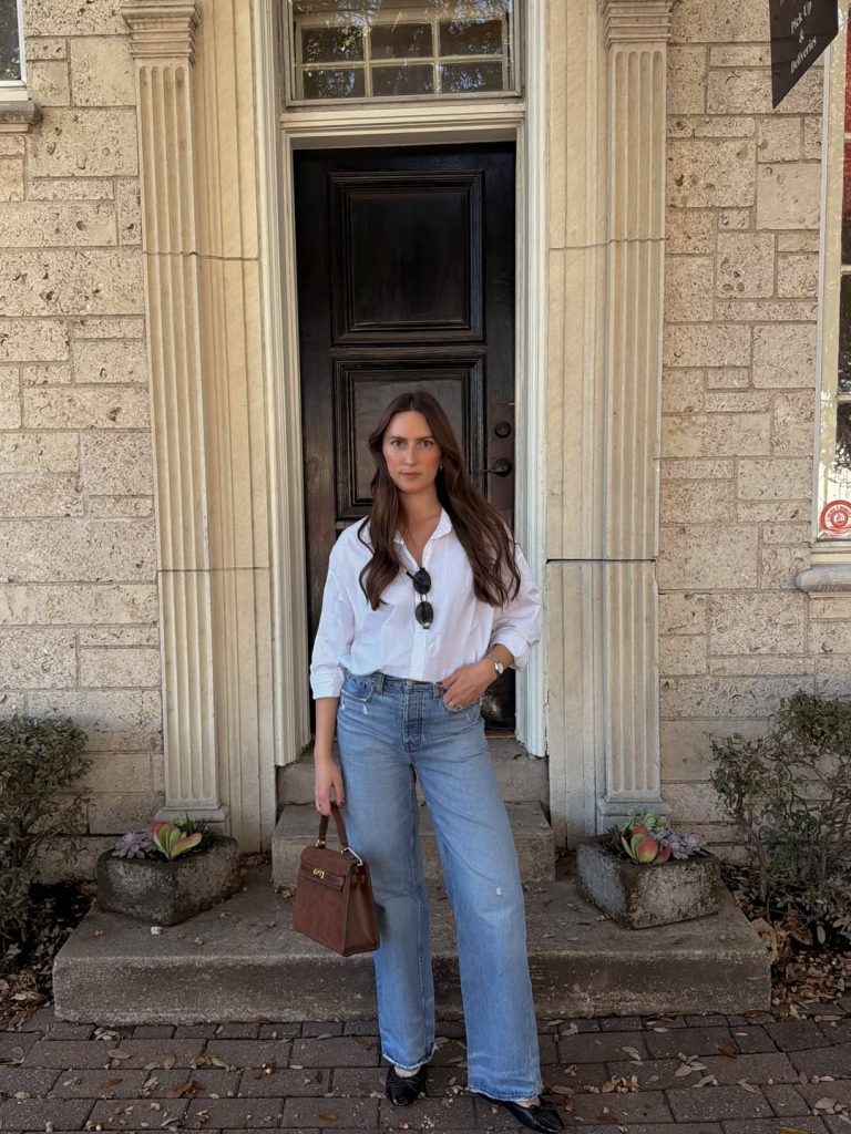 White Relaxed Button-Down + Blue Wide-Leg Jeans + Brown Suede Handbag