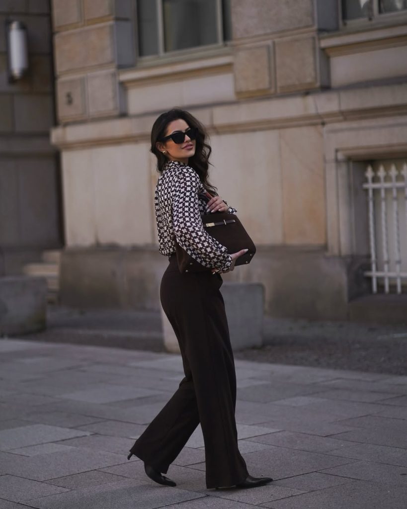 Brown Patterned Blouse + Wide-Leg Trousers + Pointed Boots