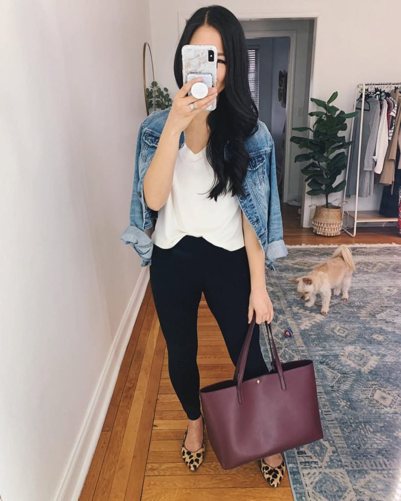 Blue Denim Jacket + White V-Neck Top + Black Leggings