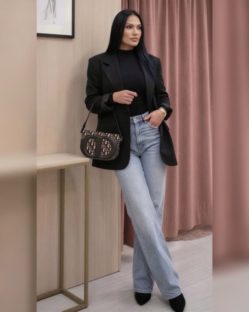 Black Tailored Blazer + Light Wash Jeans + Logo Print Shoulder Bag