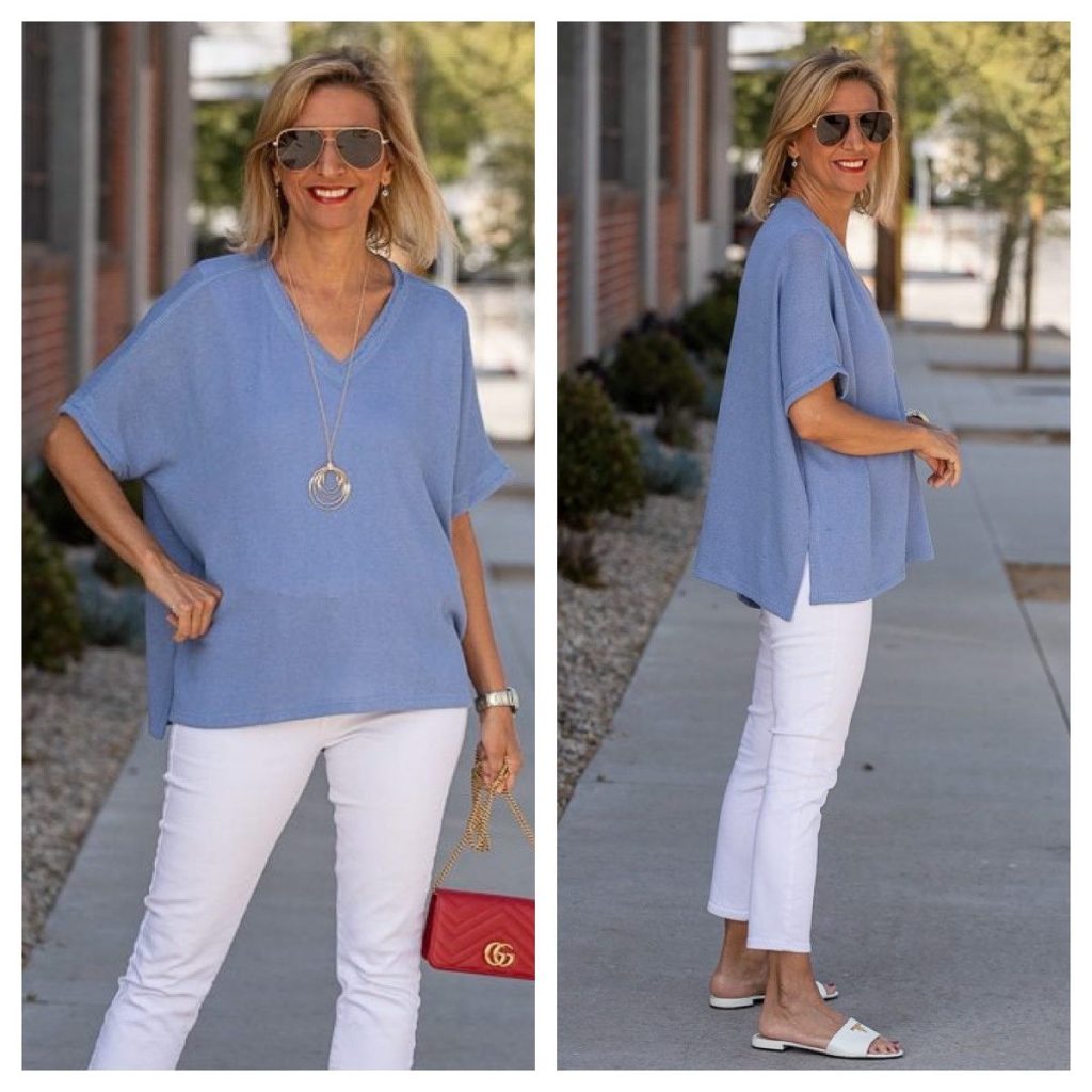 Blue Oversized V-Neck Top + White Crop Pants