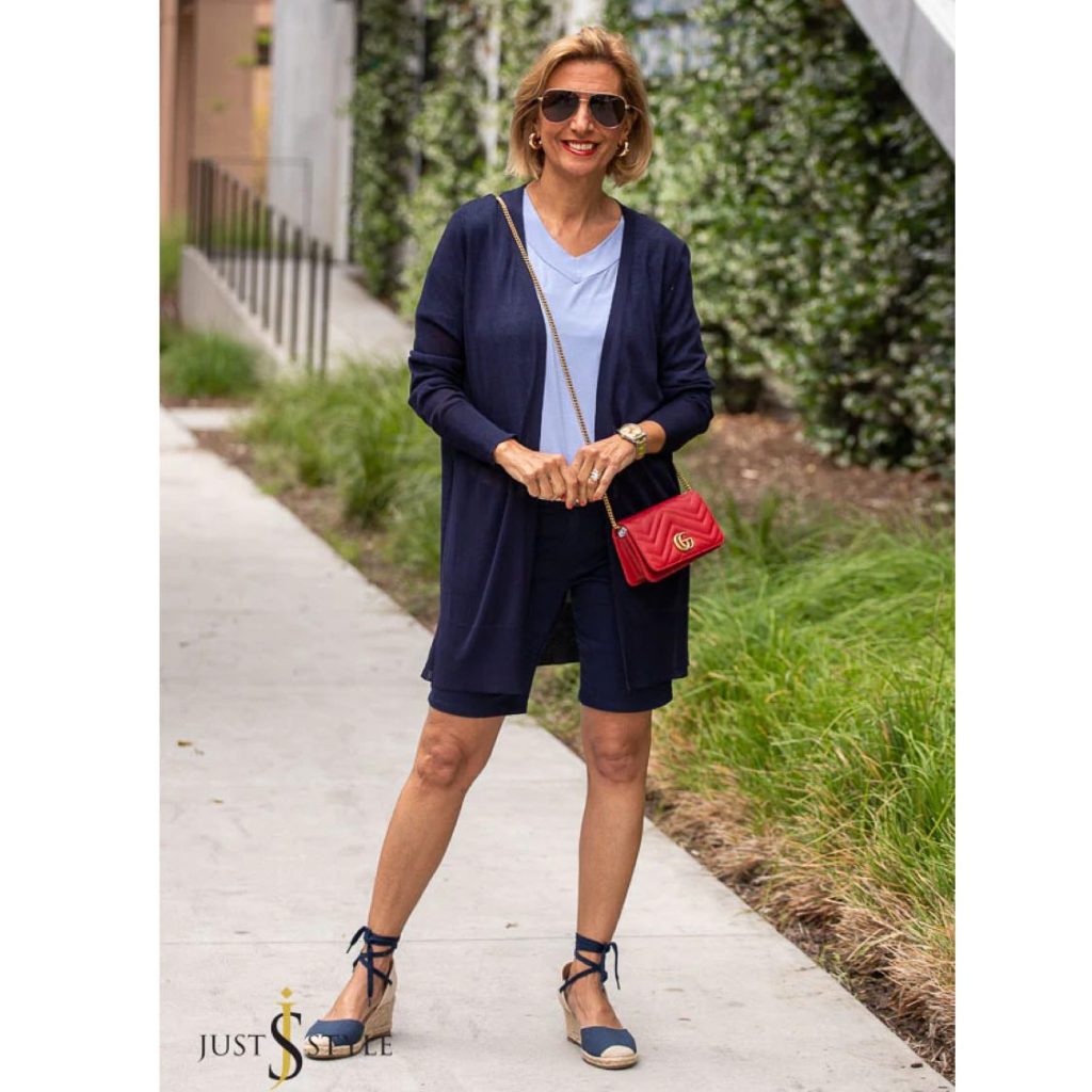 Navy Long Cardigan + Light Blue V-Neck Top + Navy Shorts