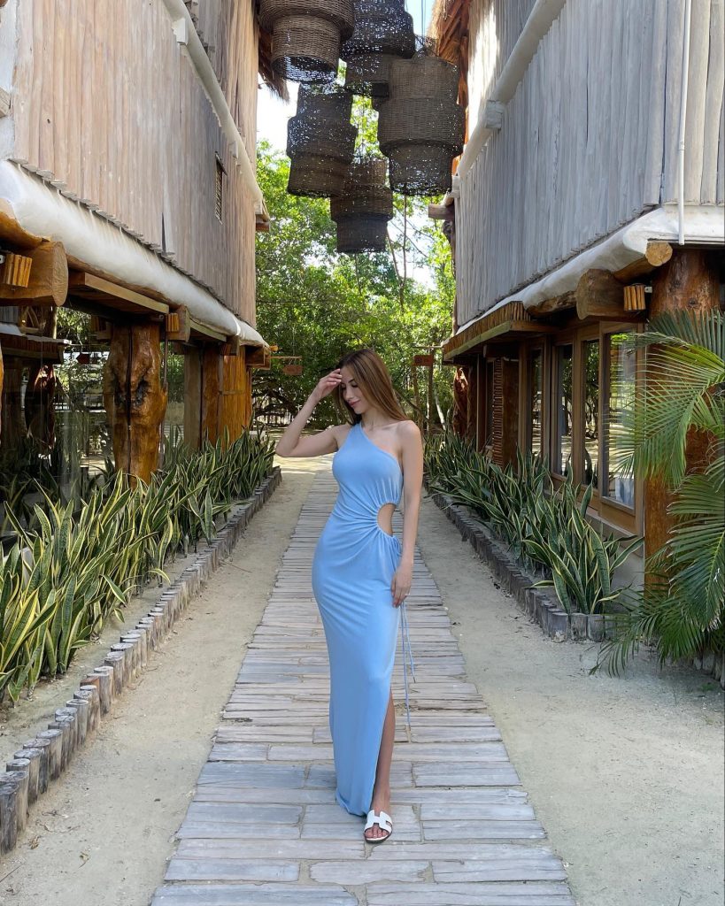 Powder Blue One-Shoulder Cutout Maxi Dress + White H-Strap Slides + Minimalist Bracelet