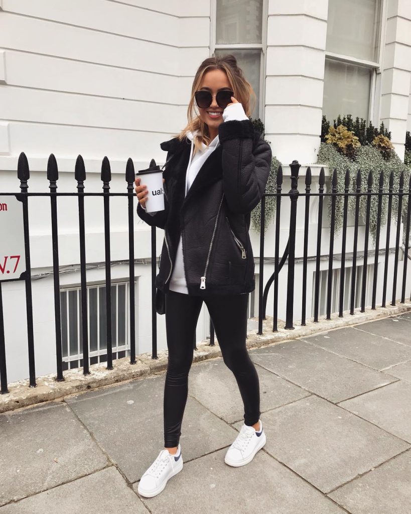 Black Shearling Jacket + White Hoodie + Leather Leggings