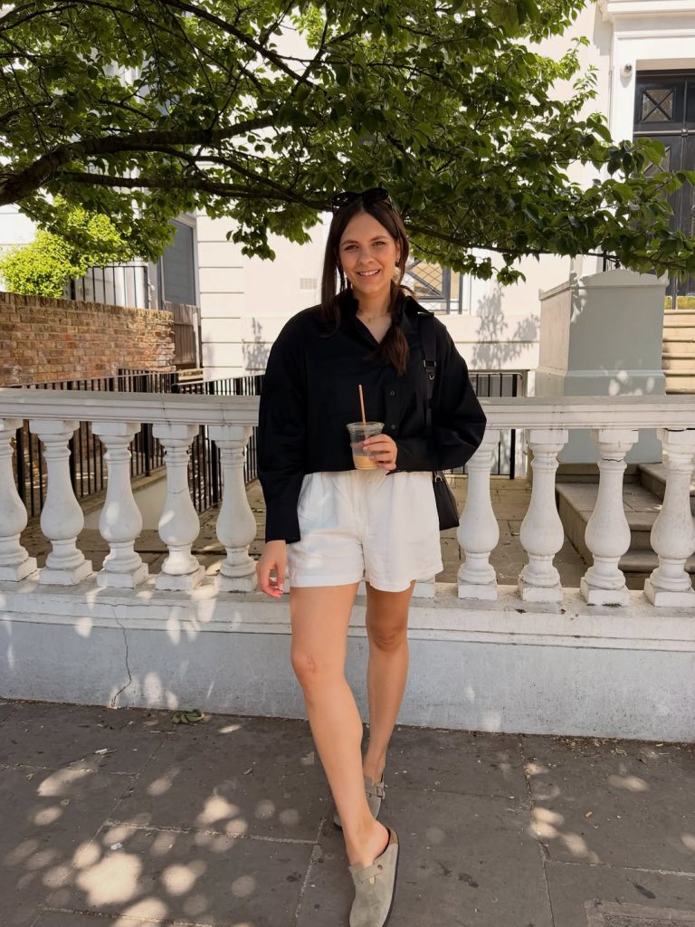 Black Button-Up Shirt + White Linen Shorts + Suede Mules