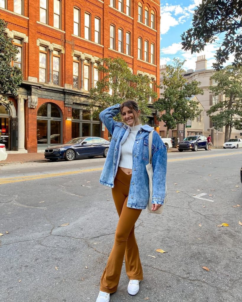 Blue Denim Jacket + White Mock Neck Crop Top + Rust Flare Pants