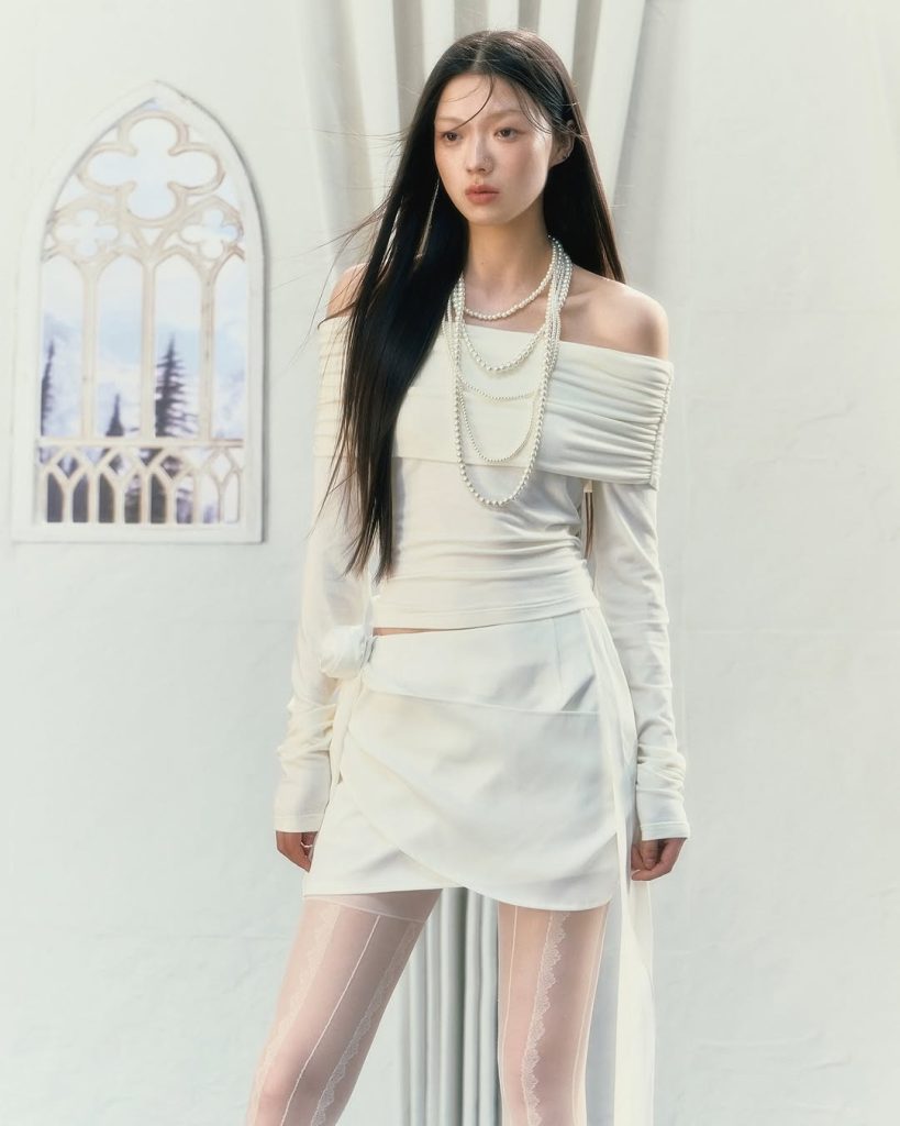 Ivory Ruched Long-Sleeve Top + White Wrap Skirt