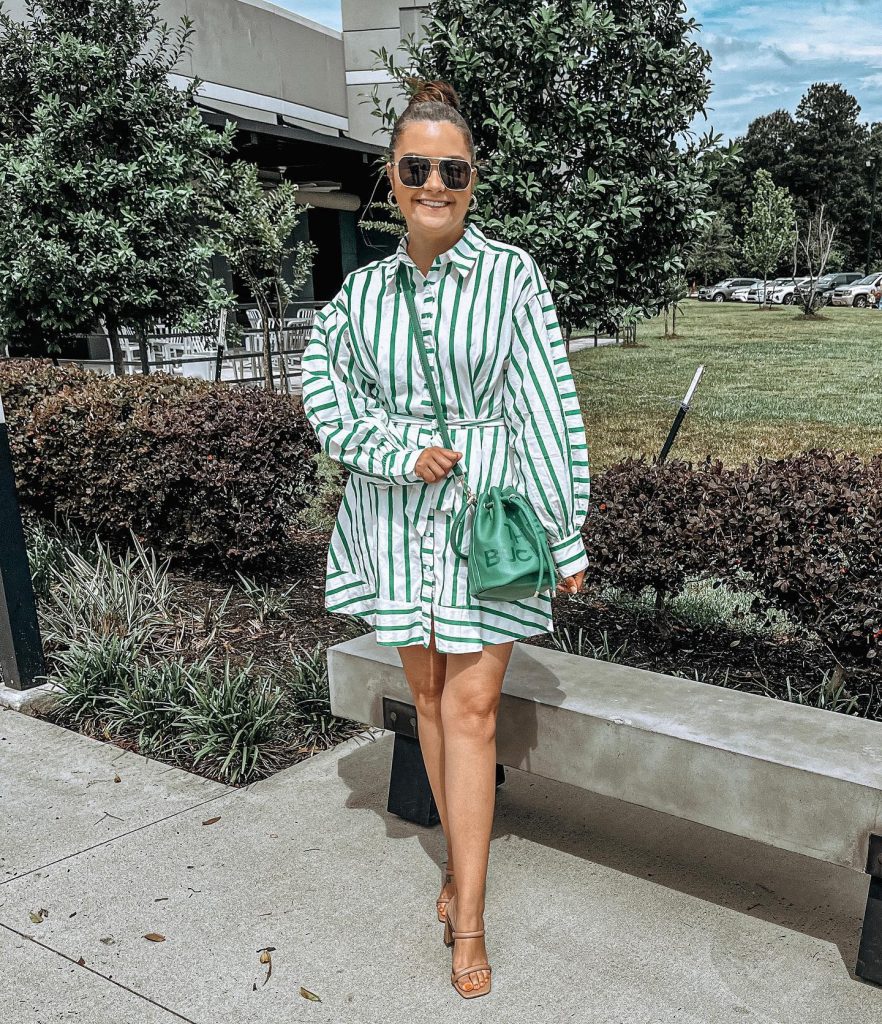 Green Stripe Shirt Dress + Leather Crossbody Bag + Heeled Sandals