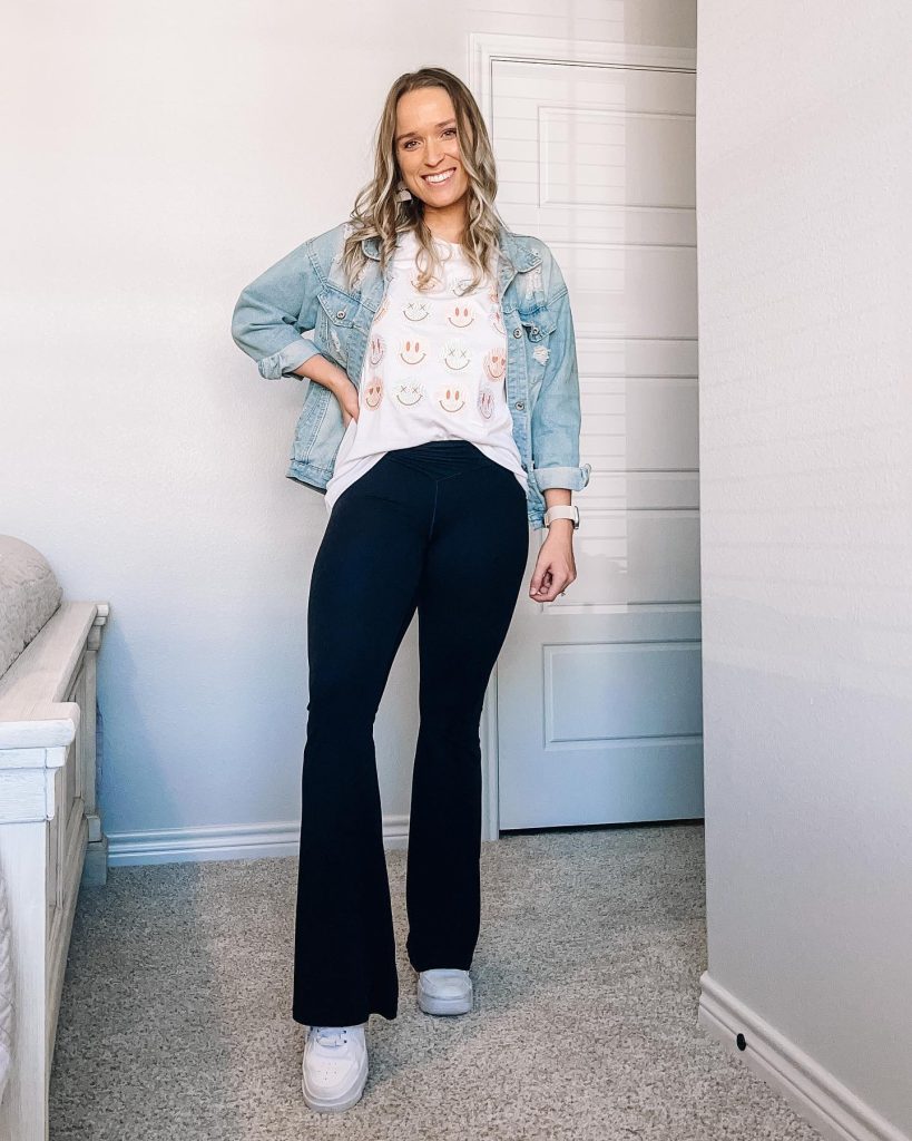 Light Wash Denim Jacket + Black Flare Leggings