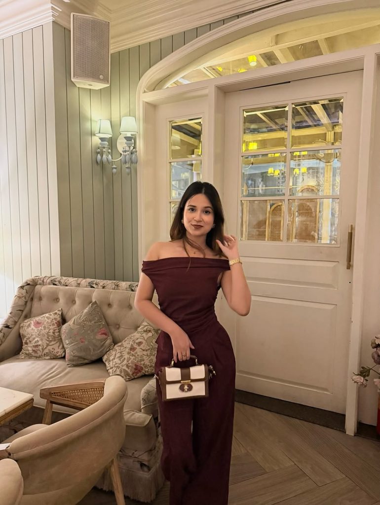  Burgundy Off-Shoulder Jumpsuit + Two-Tone Mini Bag