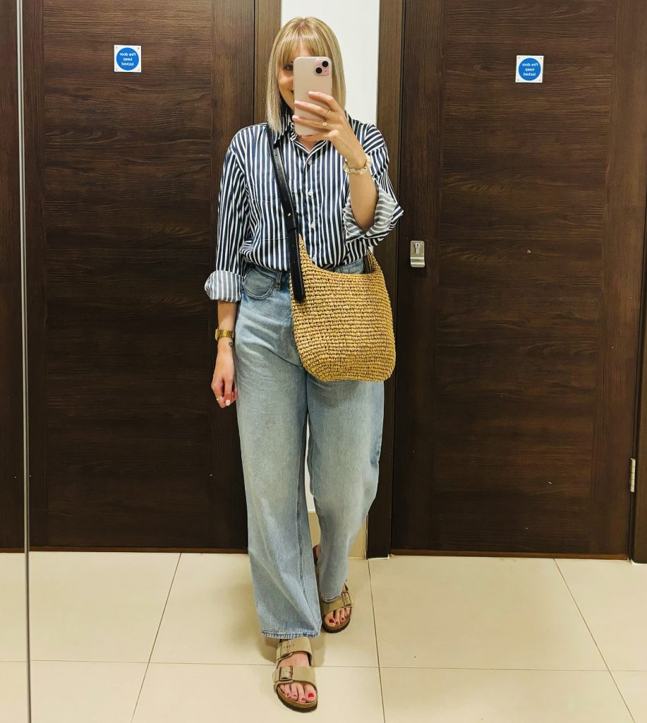 Navy Stripe Button-Down + Wide-Leg Jeans + Straw Bag
