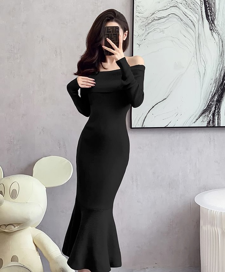 Black Off-the-Shoulder Ribbed Dress + Mermaid Hem