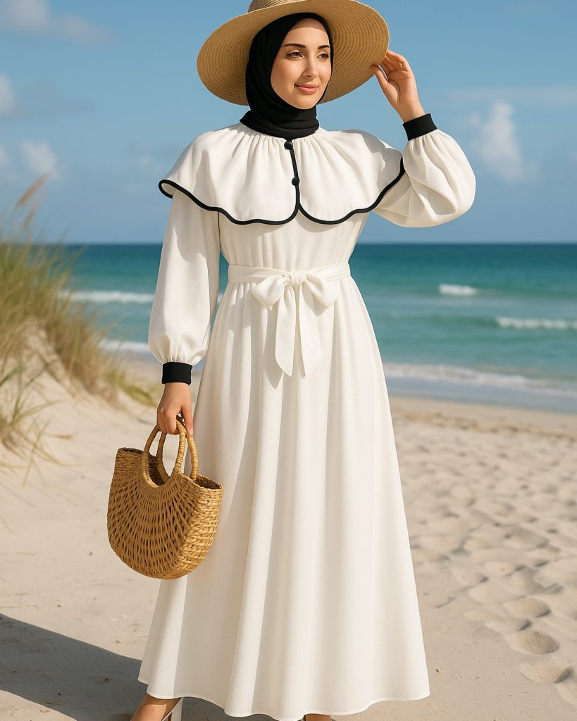 White Cape-Collar Dress + Black Hijab + Straw Sun Hat