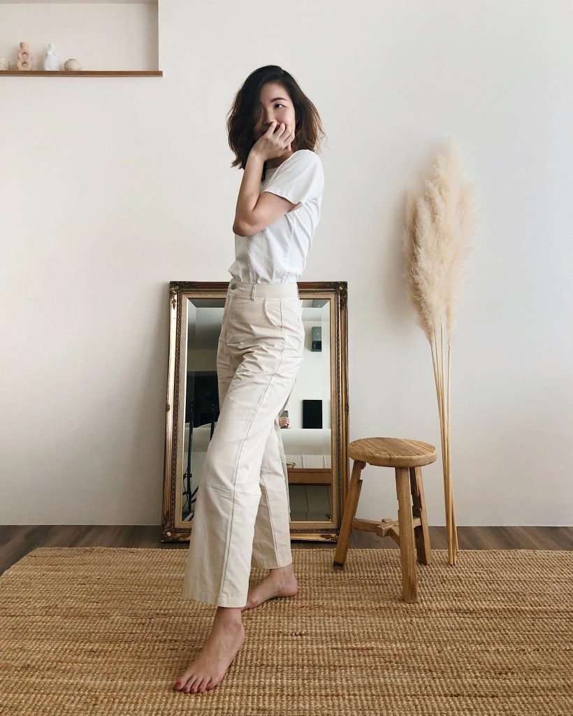White T-Shirt + Beige Straight-Leg Trousers