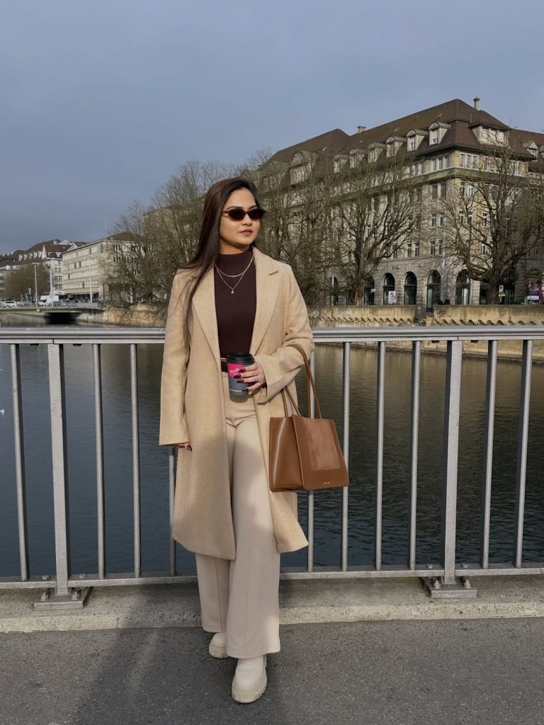 Beige Longline Coat + Brown Mock-neck Top + Beige Straight-leg Trousers