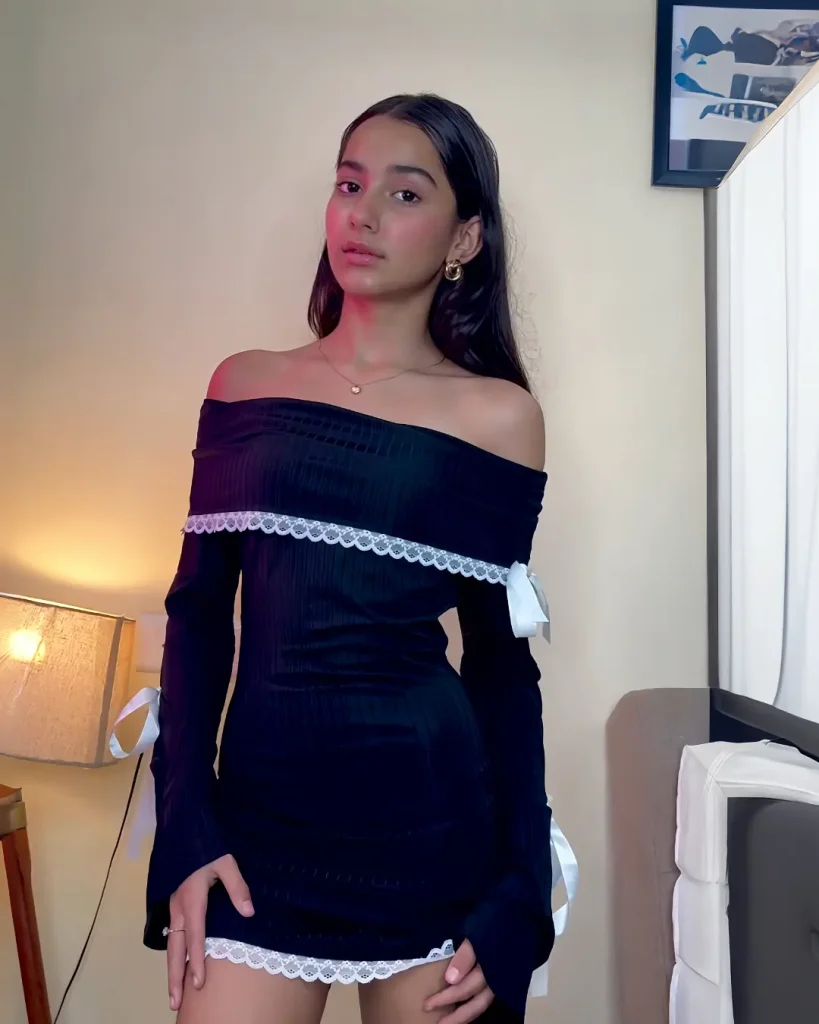 Black Lace-Trim Off-Shoulder Mini Dress + Gold Hoop Earrings