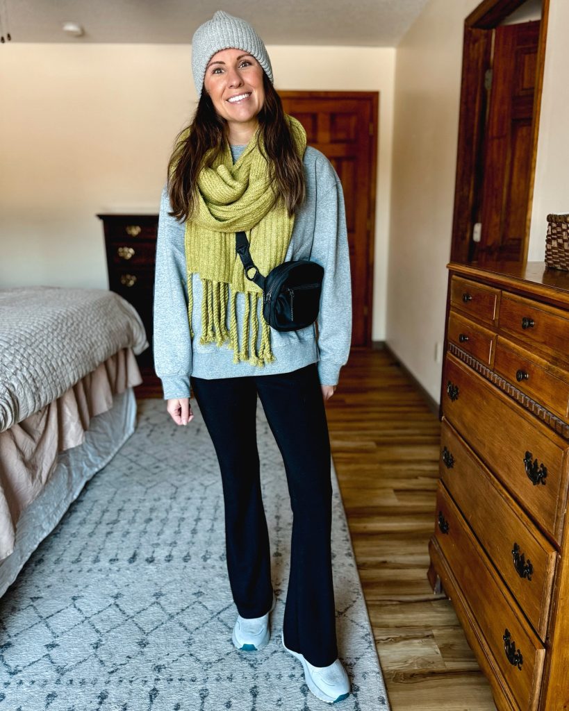 Grey Crewneck Sweatshirt + Black Flare Leggings + Olive Green Knit Scarf