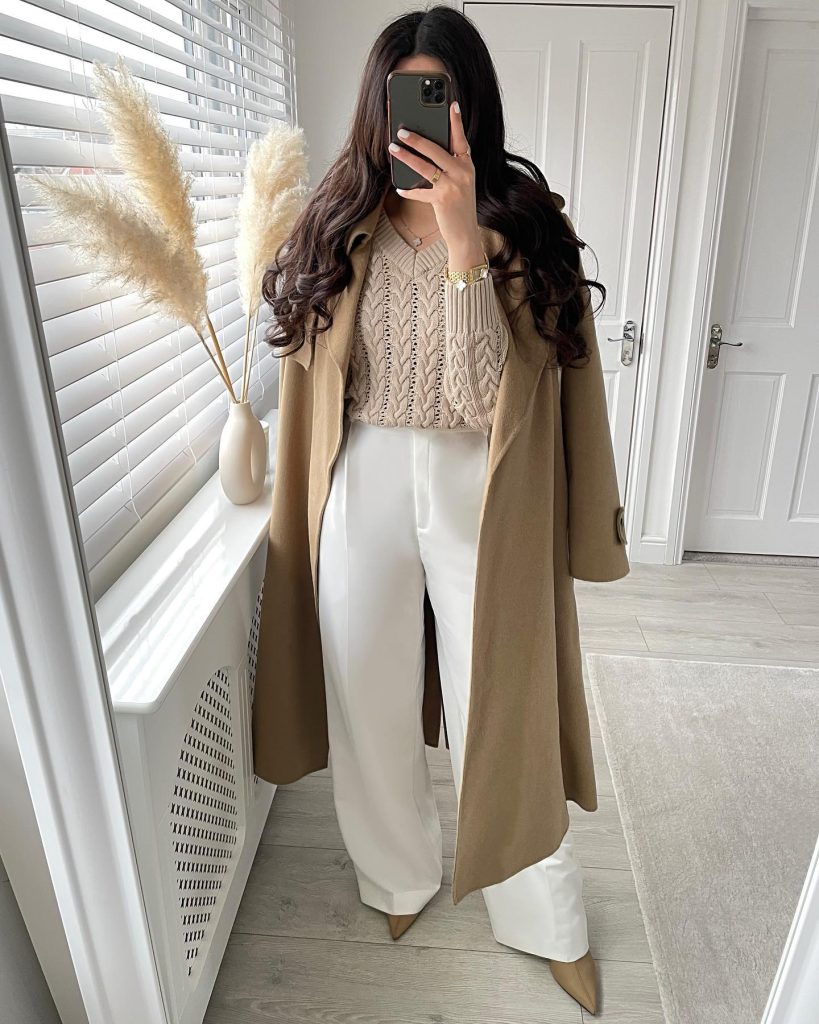 Camel Long Coat + Beige Cable Knit Sweater