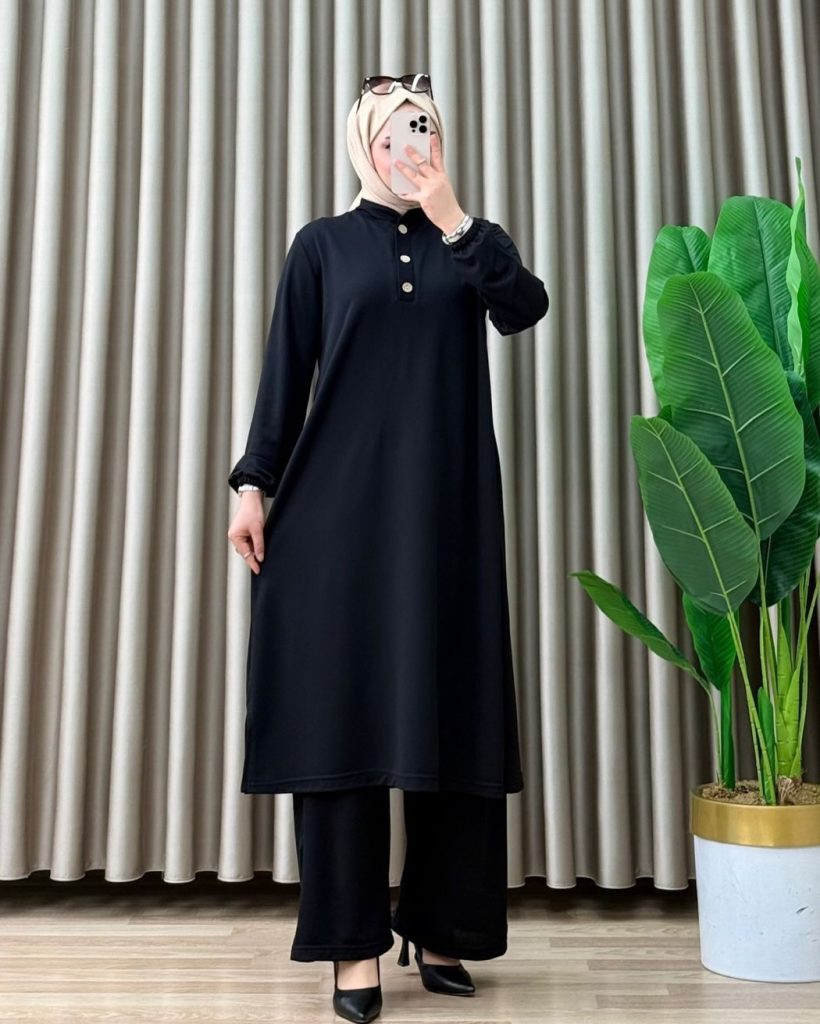 Black Button-Up Tunic + Wide-Leg Trousers