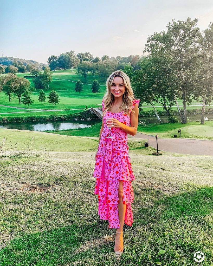  Pink Floral Tiered Ruffle Dress + Tan Ankle-Strap Heels + Gold Hoop Earrings
