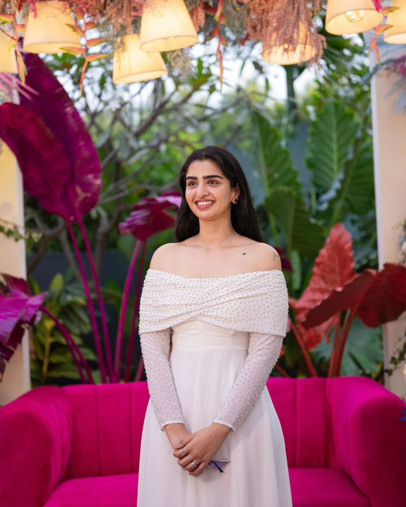 White Pearl-Embellished Off-Shoulder Gown + Red Earrings