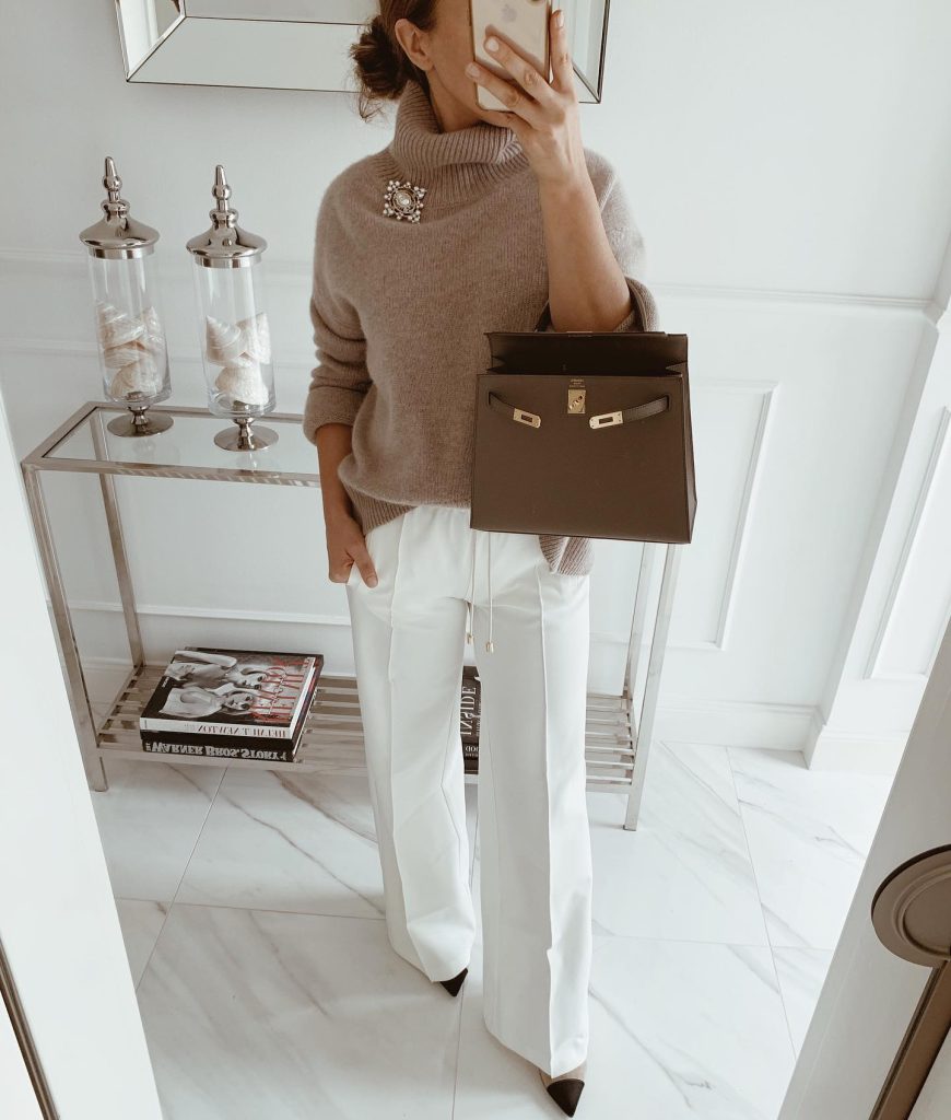 Muted Mauve Turtleneck + White Wide-Leg Trousers