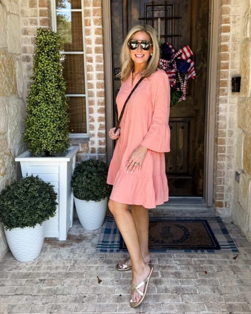 Coral Gauze Dress + Metallic Slide Sandals + Crossbody Purse
