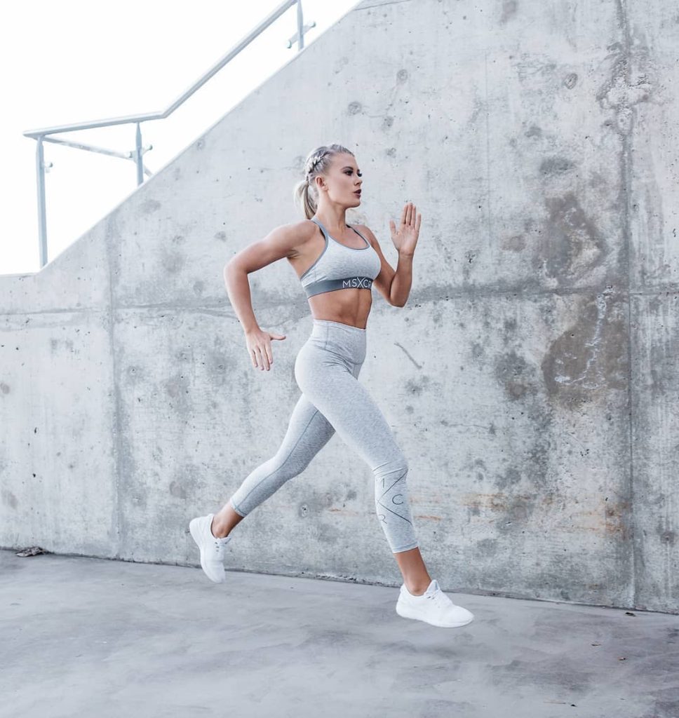 Gray Sports Bra + Matching Leggings + White Sneakers