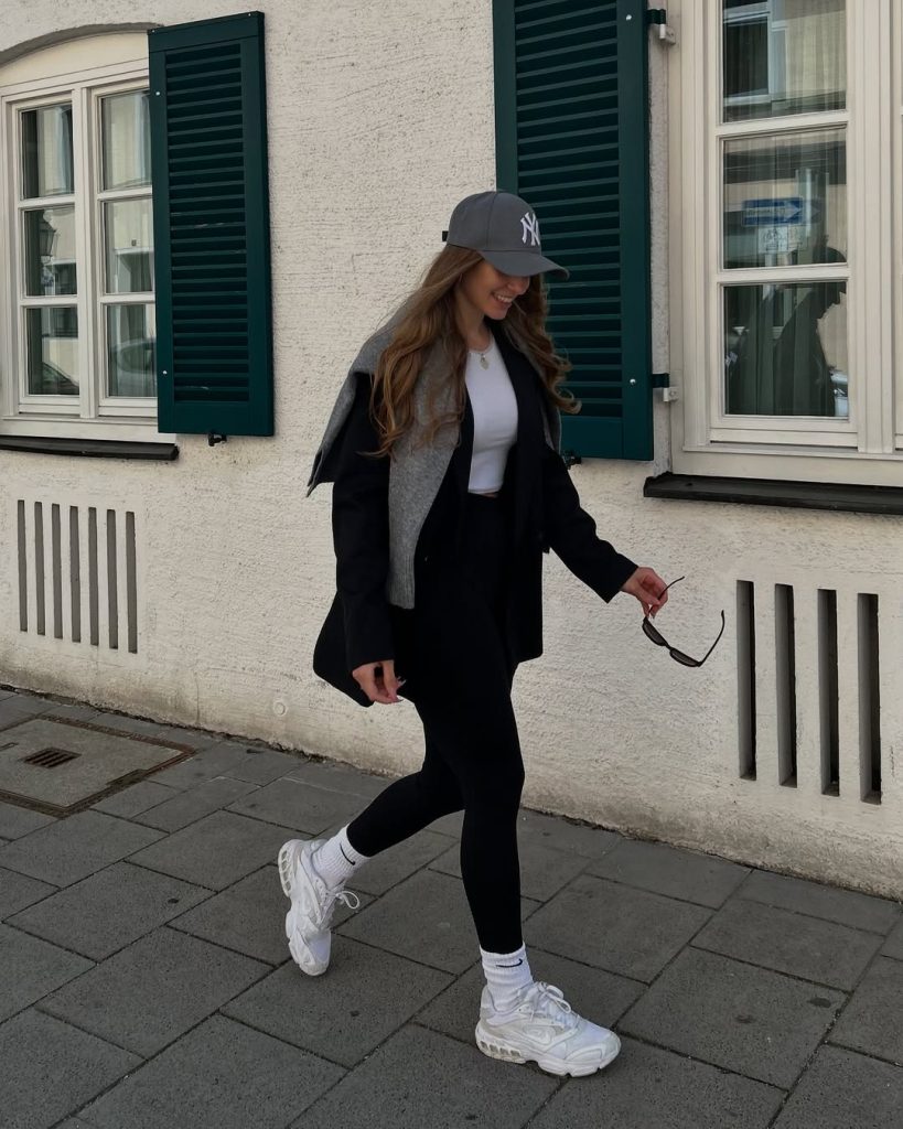 Black Blazer + White Crop Top + Black Leggings