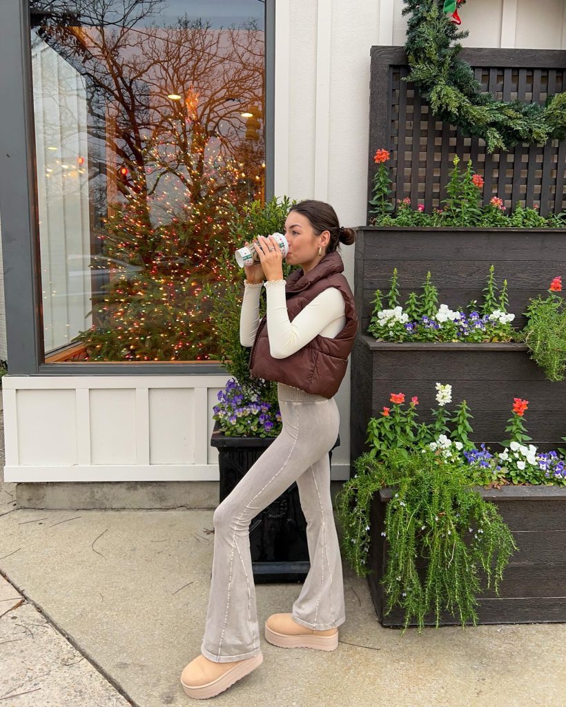 Brown Puffer Vest + White Mock Neck Top + Grey Acid Wash Flare Leggings