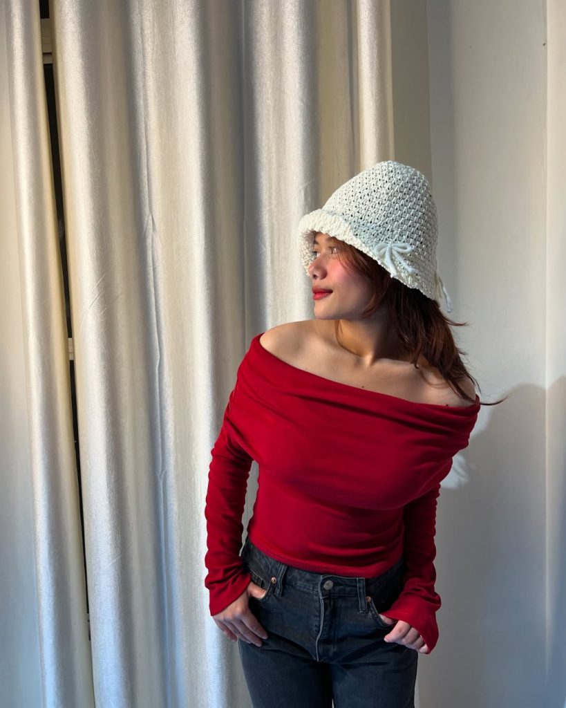 Red Off-Shoulder Top + Denim Jeans + Crochet Hat