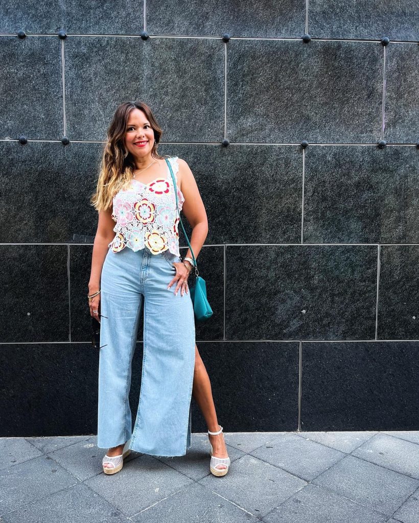 Pastel Floral Crochet Top + High-Waisted Wide-Leg Jeans + White Wedge Sandals