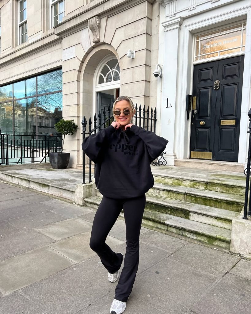 Black Oversized Hoodie + Matching Flare Leggings + White Trainers