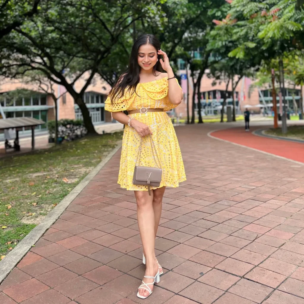 Yellow Eyelet Off-the-Shoulder Dress + Tan Waist Belt