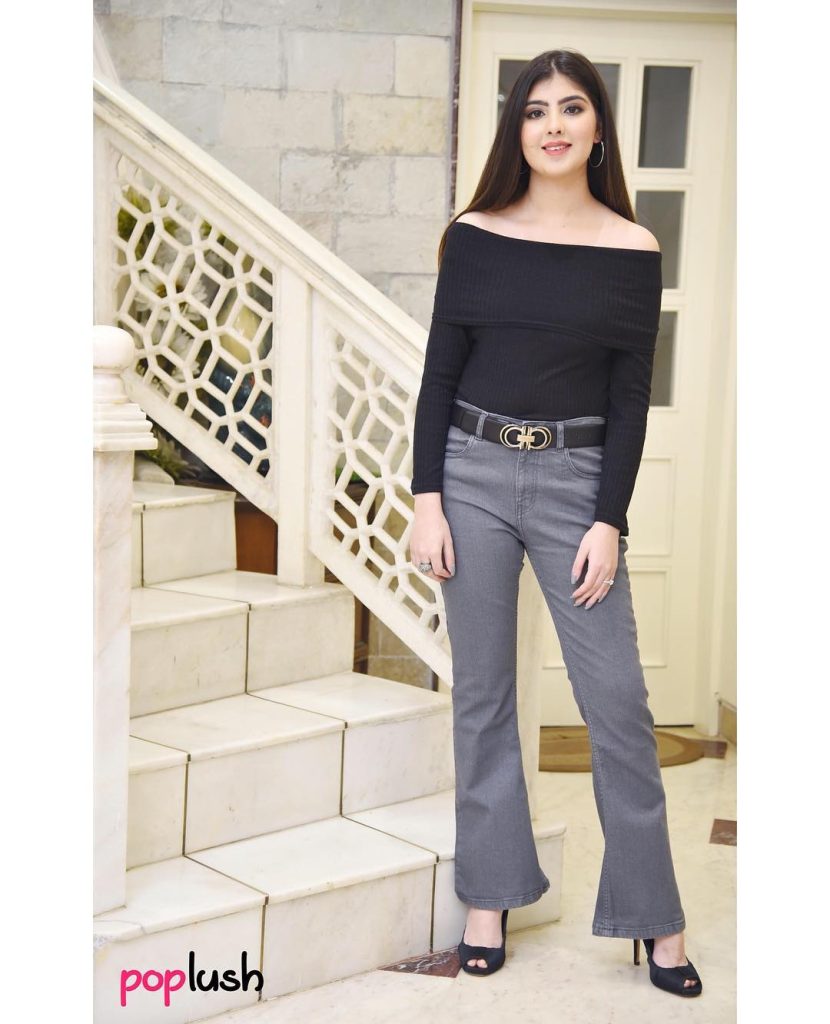 Black Ribbed Off-Shoulder Top + Grey Flare Jeans + Black Peep-Toe Heels