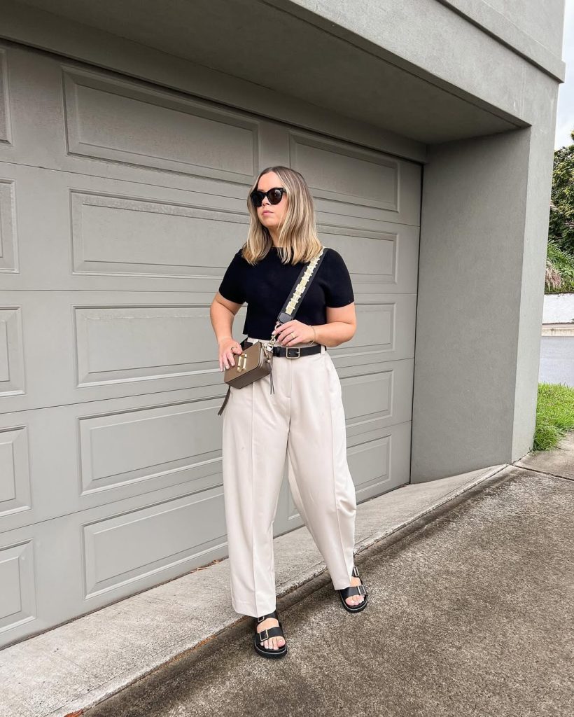 Black Short-sleeve Knit + Beige Tailored Trousers + Black Buckle Sandals