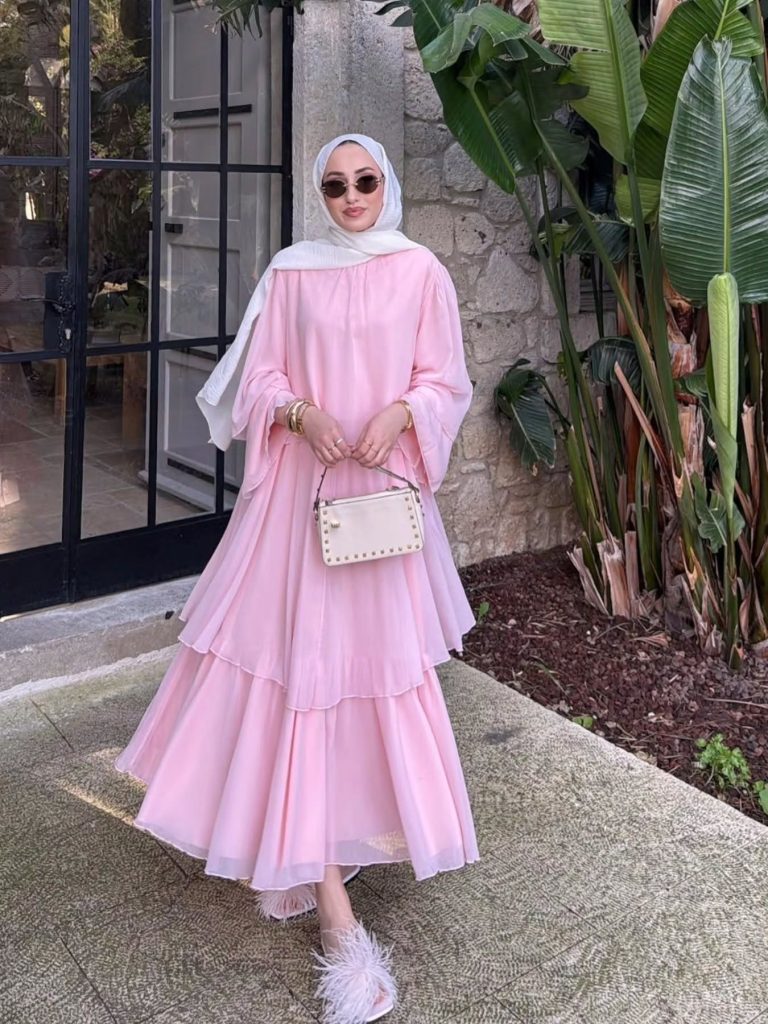 Pink Tiered Maxi Dress + White Hijab + Studded Handbag