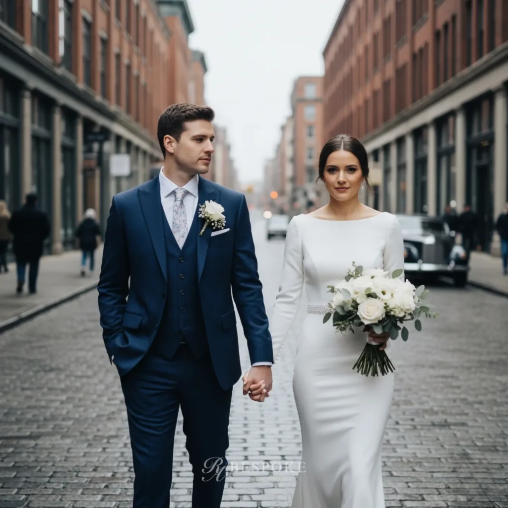 Navy Three-Piece Suit + White Long-Sleeve Gown + Floral Bouquet