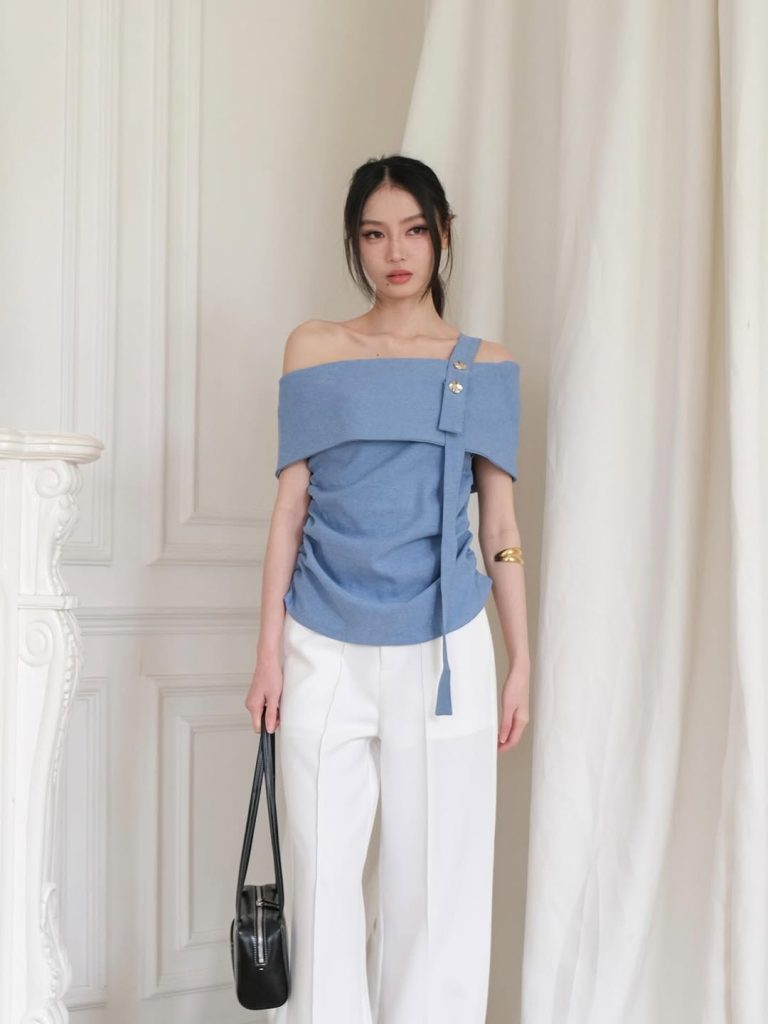 Blue Off-the-Shoulder Top + White Wide-Leg Pants