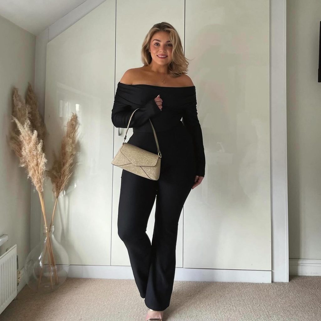 Black Off-the-Shoulder Bodysuit + Flare Trousers