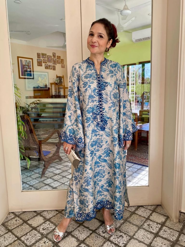 Blue Floral Kaftan + Silver Strappy Heels + Metallic Clutch