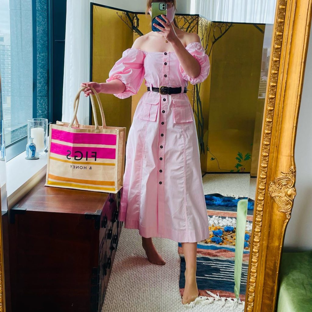 Pink Button-Down Midi Dress + Pink Striped Tote